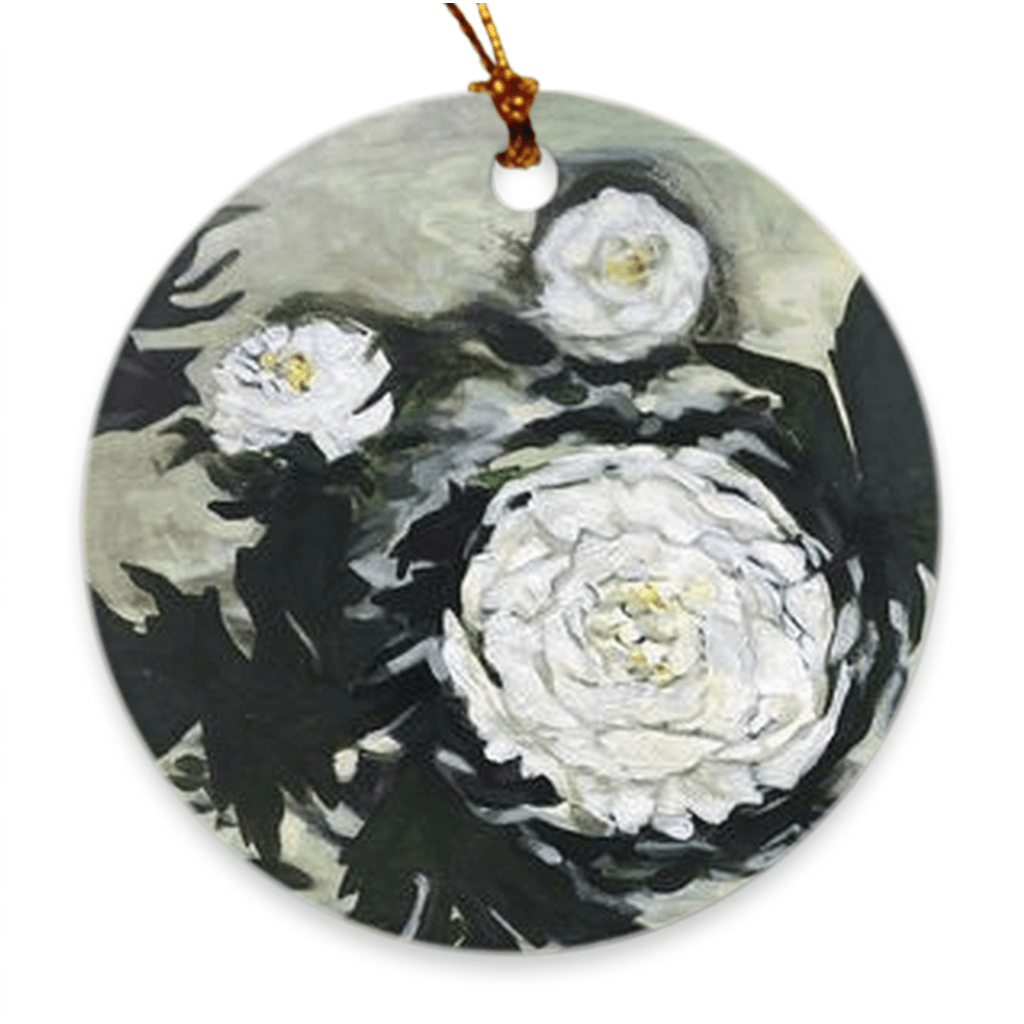 Round "Zion's Dawning Dahlias" porcelain ornament by Julie Davis.