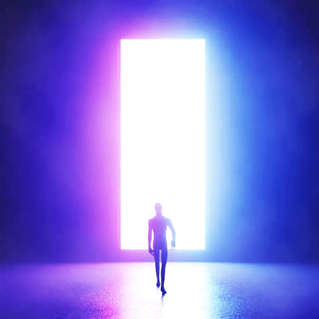 Concept artwork for the AWAKENED [AR]t Installation Project featuring a silhouetted figure approaching a glowing illuminated portal within a dark immersive environment exploring transformation, perception, and emotional experience.