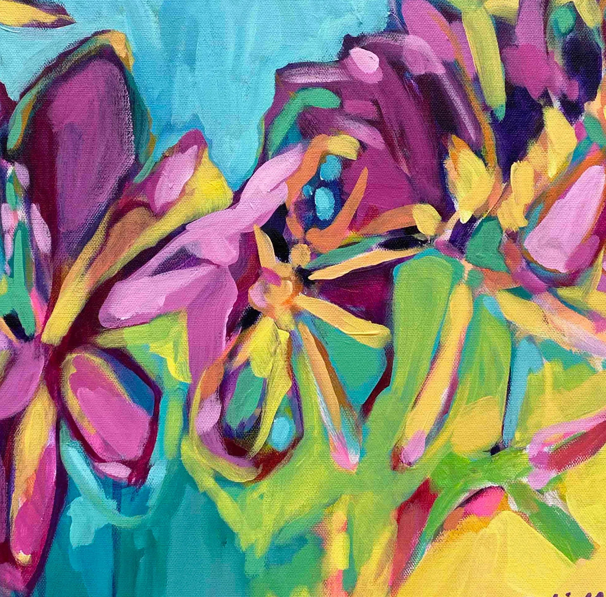 Golden Hour contemporary floral painting by Julie Davis colorful abstract artwork in turquoise magenta and yellow botanical modern painting wall art in living room