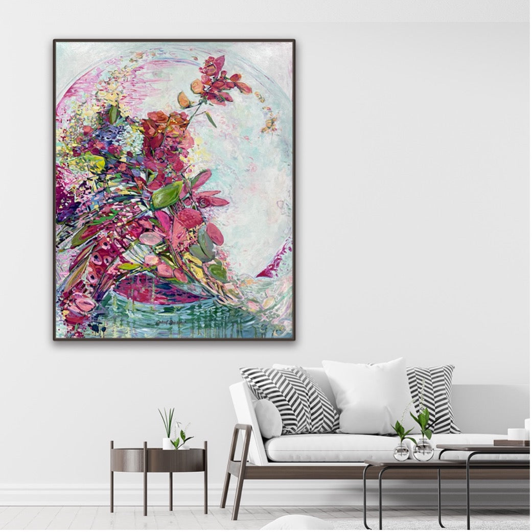 "Beautiful Beginnings" original painting on canvas by Julie Davis in elegant living room interior.