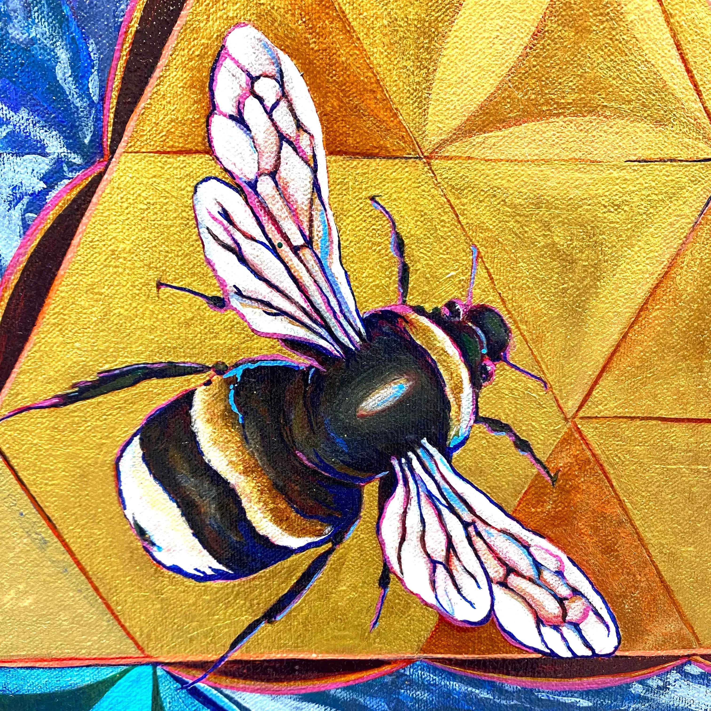 Detail of bee in "Collective Consciousness" original painting on canvas by Julie Davis.