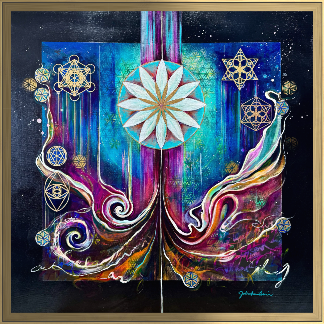 Colorful abstract artwork with metallic gold sacred geometric shapes and a central flower of life matrix design on a dark background, framed in gold.