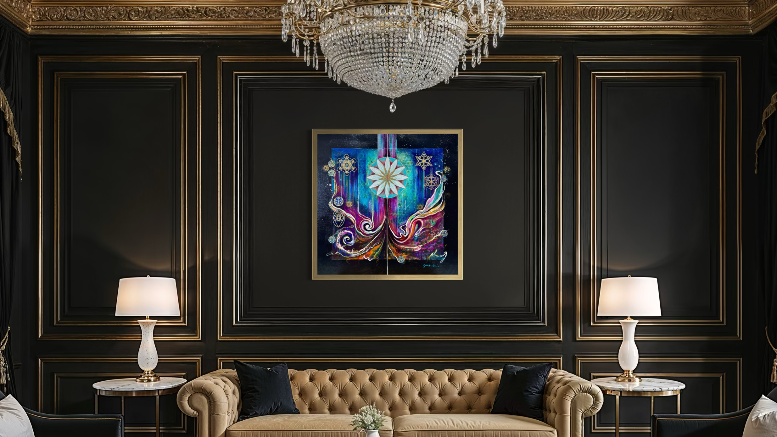 Luxurious living room with a chandelier and a sofa featuring framed sacred geometry artwork,, Culminating Consciousness, an original painting by Julie Davis.