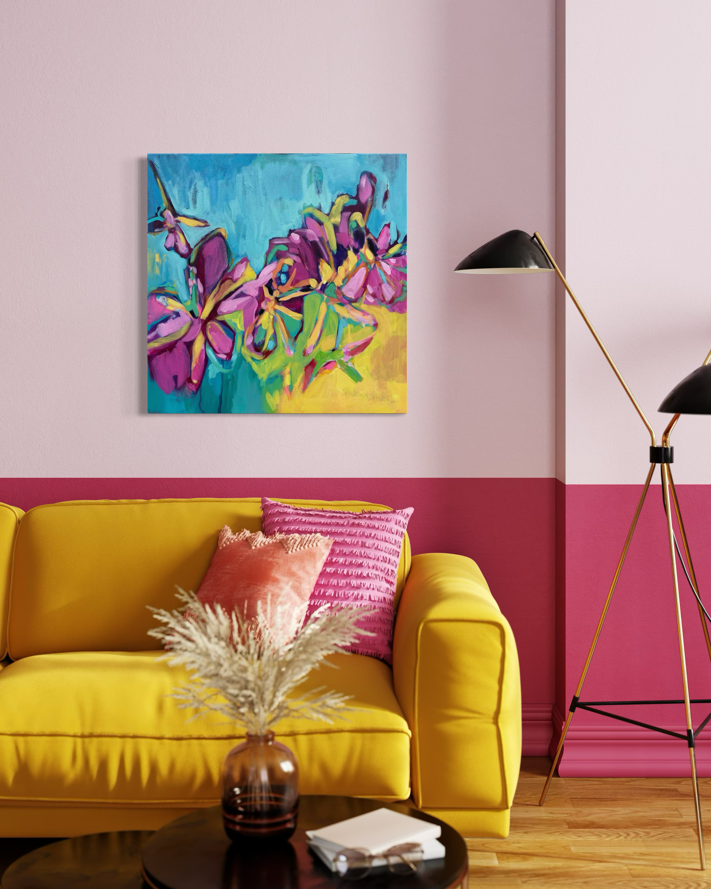 Golden Hour contemporary floral painting by Julie Davis
colorful abstract artwork in turquoise magenta and yellow
botanical modern painting wall art in living room