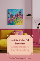 Golden Hour contemporary floral painting by Julie Davis
colorful abstract artwork in turquoise magenta and yellow
botanical modern painting wall art in living room