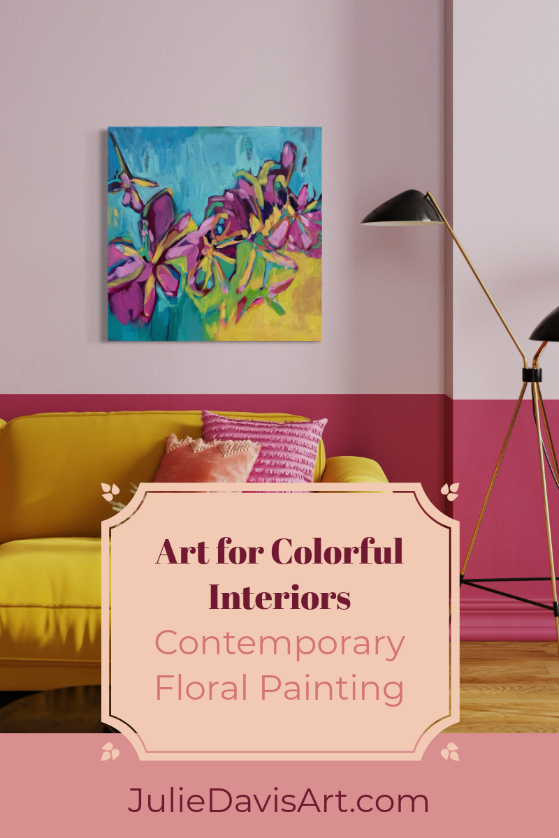 Golden Hour contemporary floral painting by Julie Davis
colorful abstract artwork in turquoise magenta and yellow
botanical modern painting wall art in living room