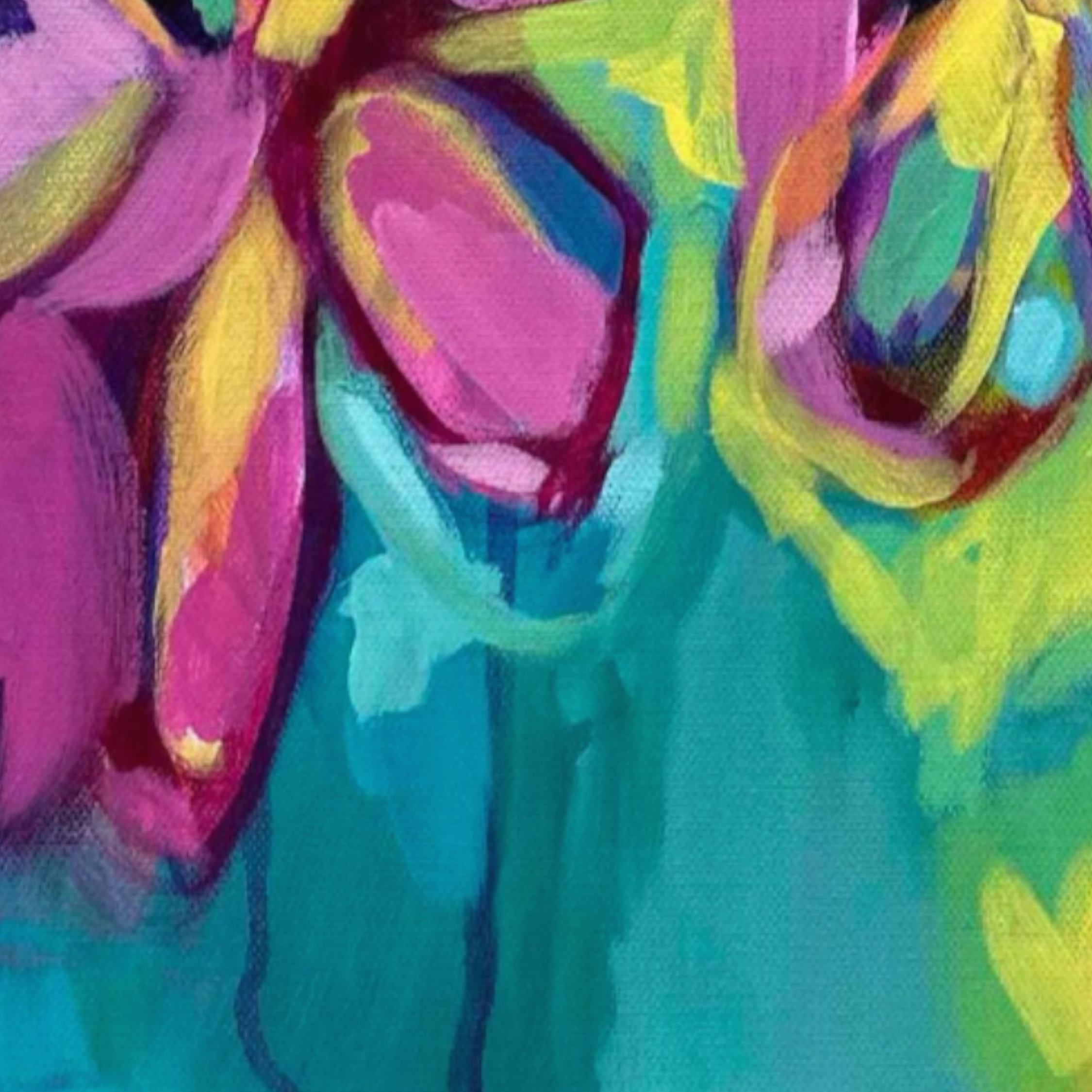 Colorful abstract painting with pink, yellow, and green flowers on a blue background Golden Hour contemporary floral painting by Julie Davis
colorful abstract artwork in turquoise magenta and yellow
botanical modern painting wall art in living room