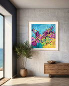 Golden Hour contemporary floral painting by Julie Davis
colorful abstract artwork in turquoise magenta and yellow
botanical modern painting wall art in living room