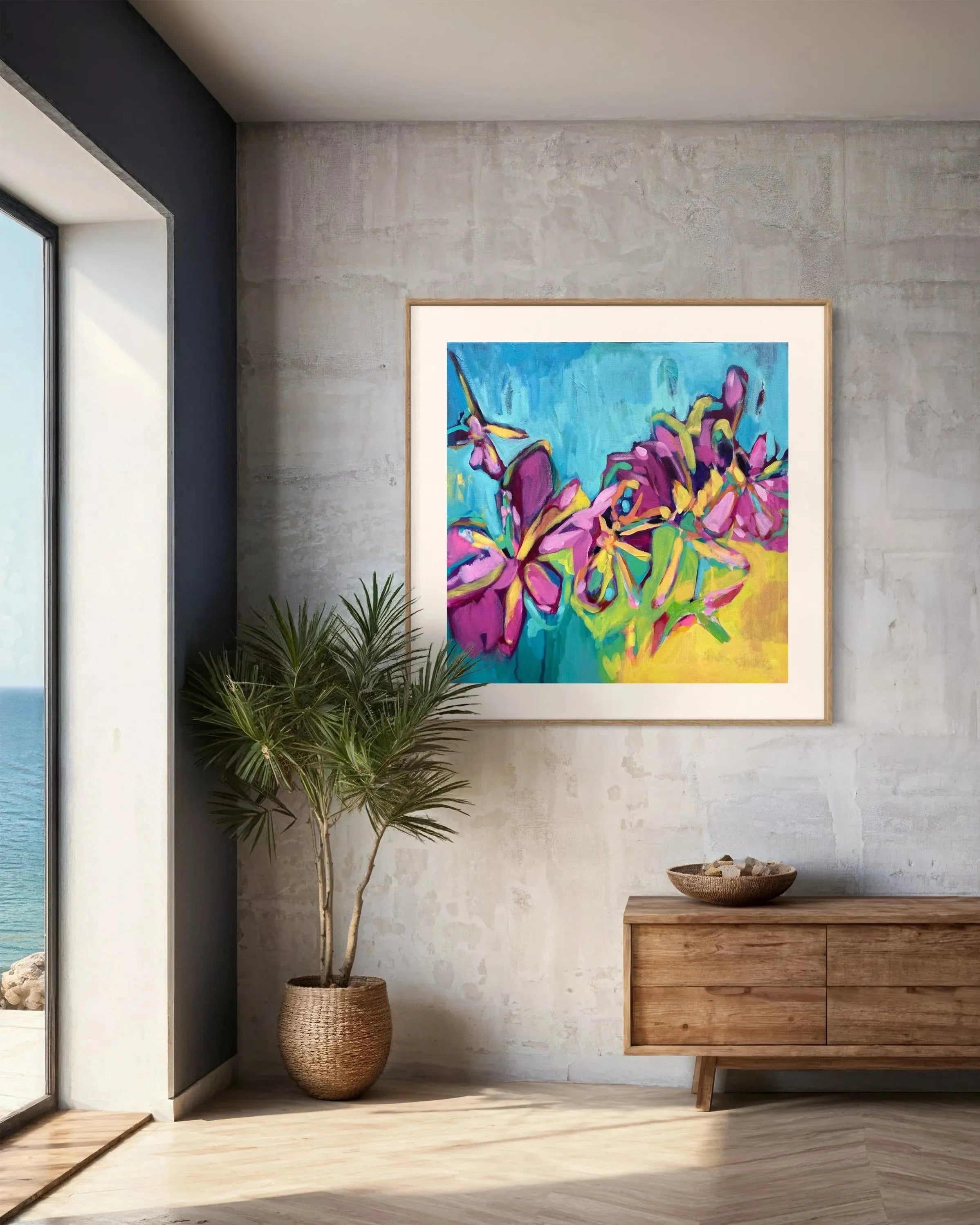 Golden Hour contemporary floral painting by Julie Davis
colorful abstract artwork in turquoise magenta and yellow
botanical modern painting wall art in living room