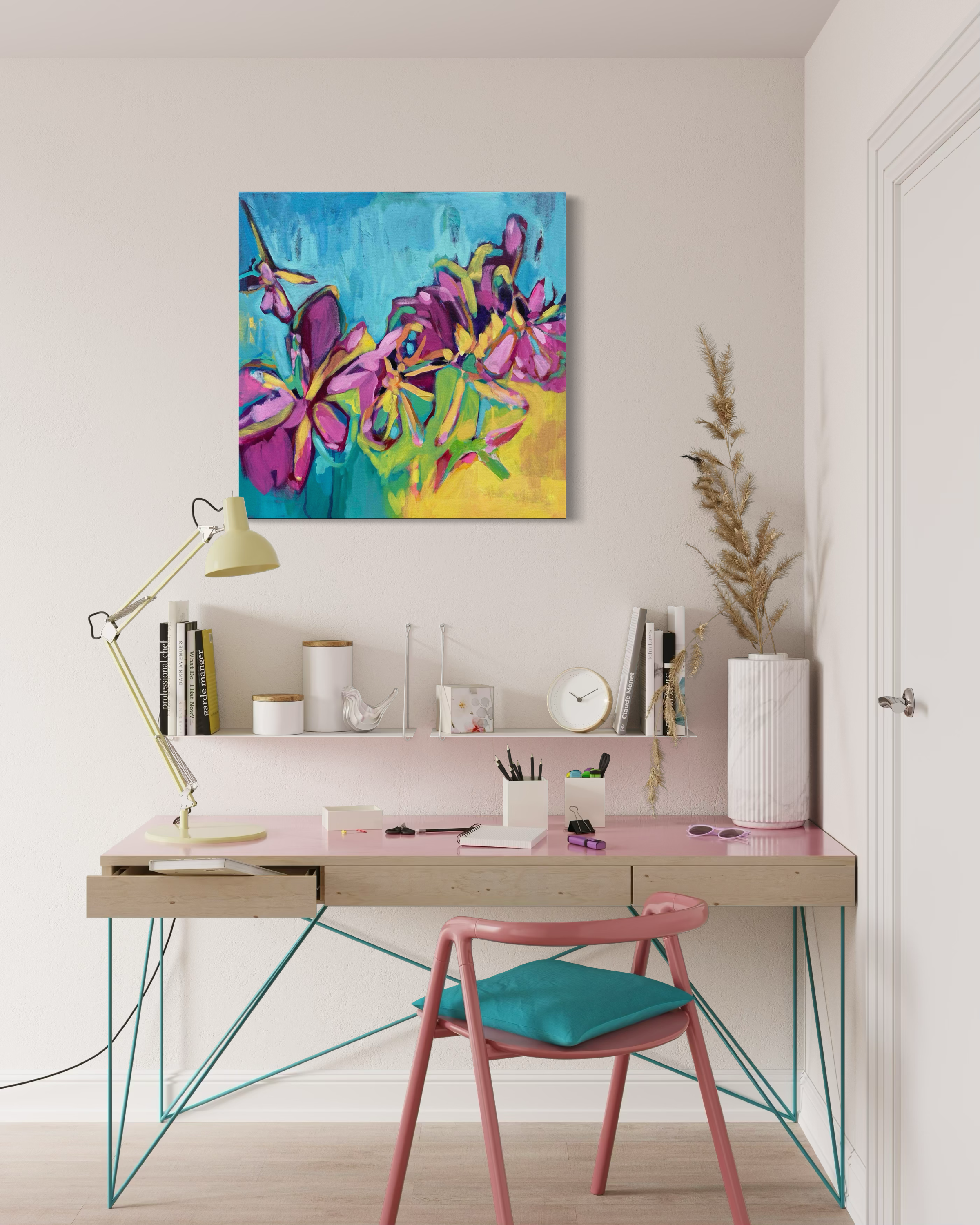 Modern home office with a colorful abstract painting on the wall above a desk. Golden Hour contemporary floral painting by Julie Davis
colorful abstract artwork in turquoise magenta and yellow
botanical modern painting wall art in living room