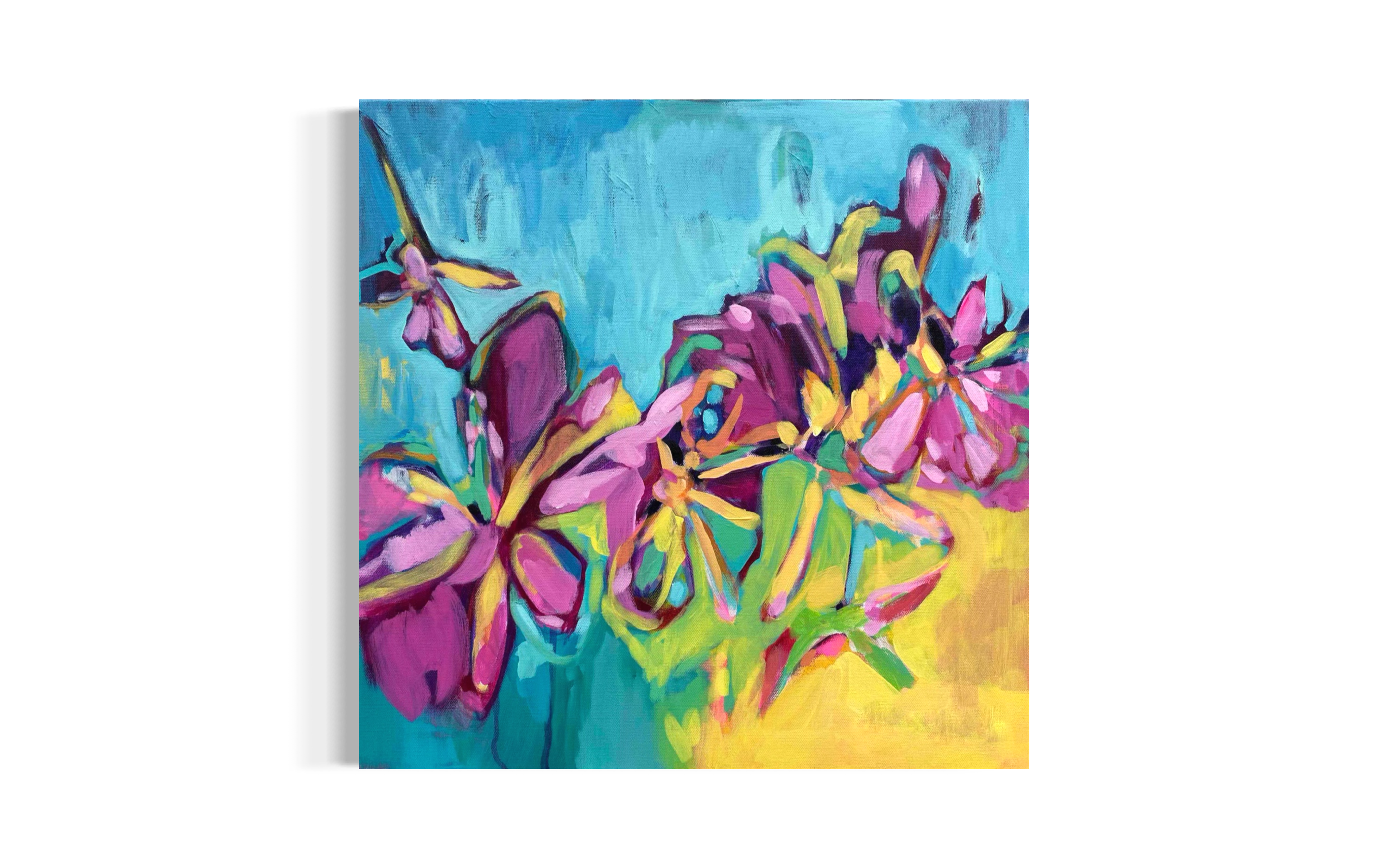 Golden Hour contemporary floral painting by Julie Davis
colorful abstract artwork in turquoise magenta and yellow
botanical modern painting wall art in living room