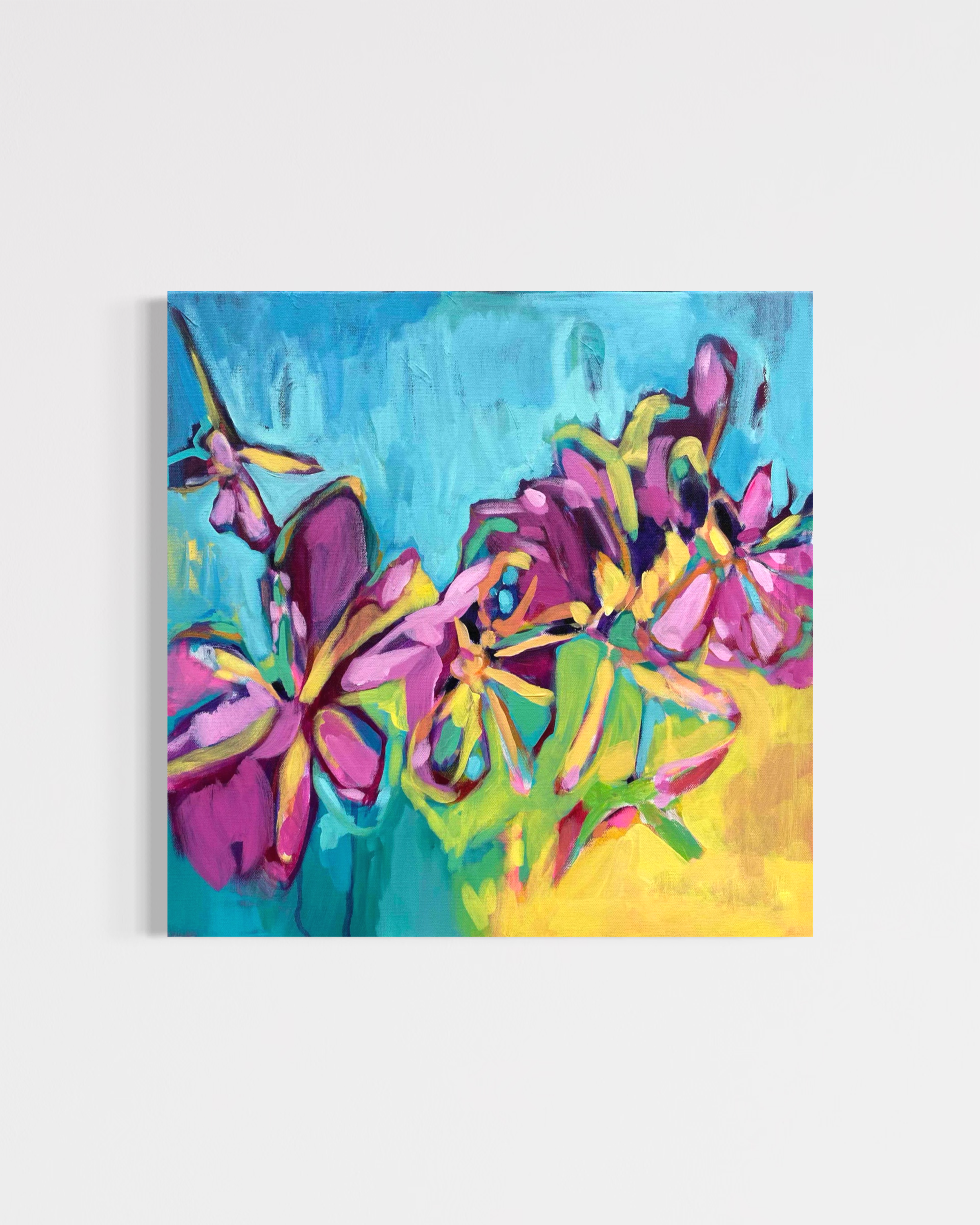 Colorful abstract painting of flowers on a white background. Golden Hour contemporary floral painting by Julie Davis
colorful abstract artwork in turquoise magenta and yellow
botanical modern painting wall art in living room