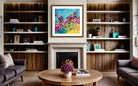 Golden Hour contemporary floral painting by Julie Davis
colorful abstract artwork in turquoise magenta and yellow
botanical modern painting wall art in living room