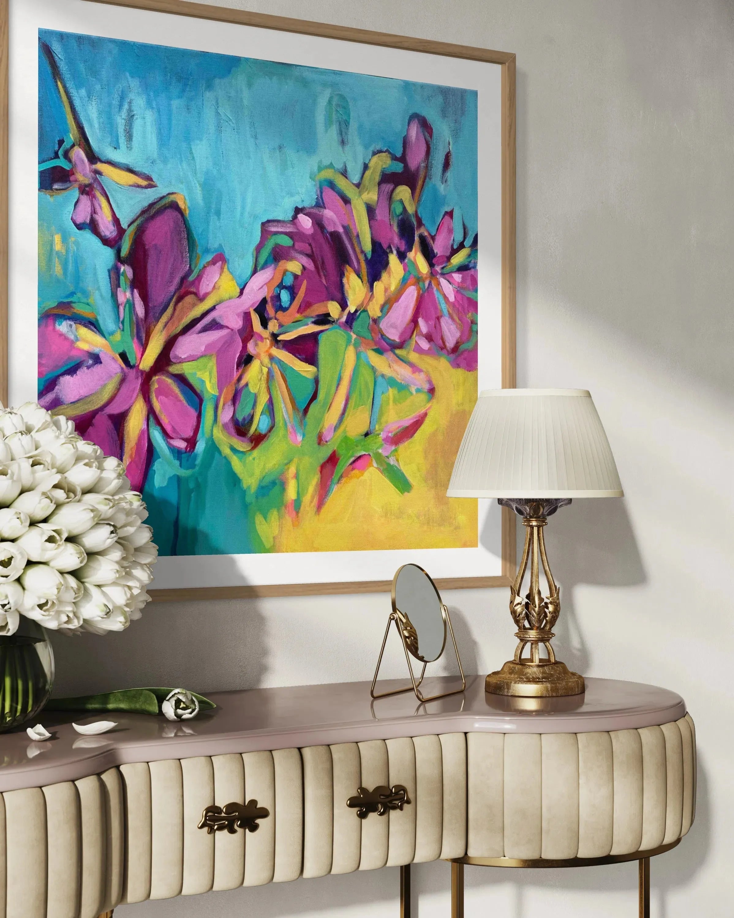 Golden Hour contemporary floral painting by Julie Davis
colorful abstract artwork in turquoise magenta and yellow
botanical modern painting wall art in living room