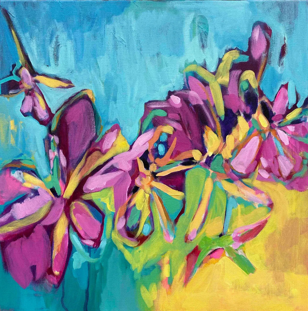 Golden Hour contemporary floral painting by Julie Davis
colorful abstract artwork in turquoise magenta and yellow
botanical modern painting wall art in living room