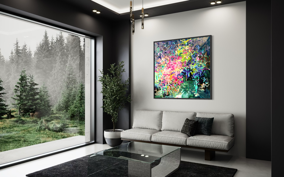 Modern colorful floral painting by Julie Davis designed as statement wall art for contemporary spaces