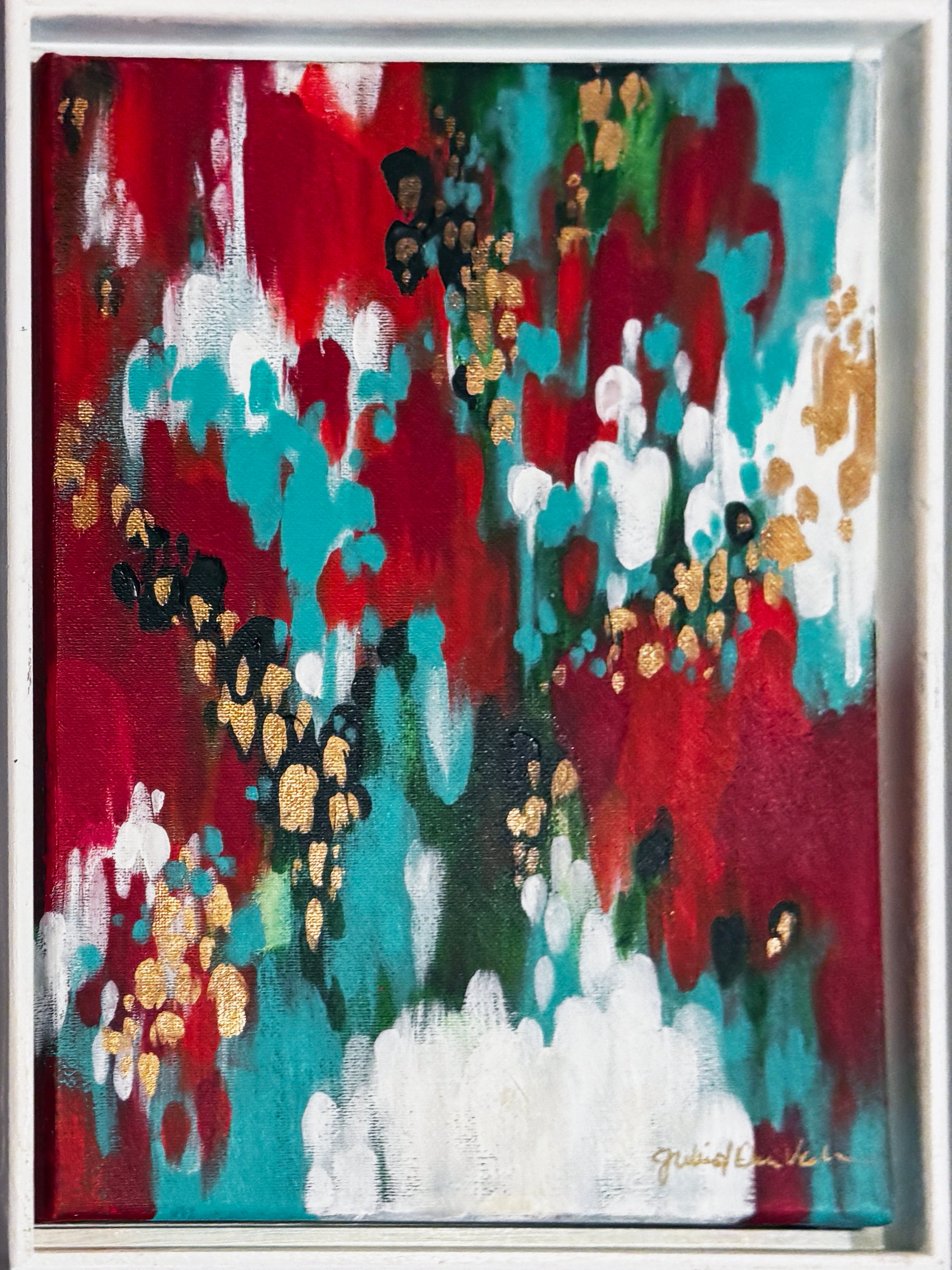 Original Abstract artwork with vibrant colors and brush strokes on a red background - by Julie Davis