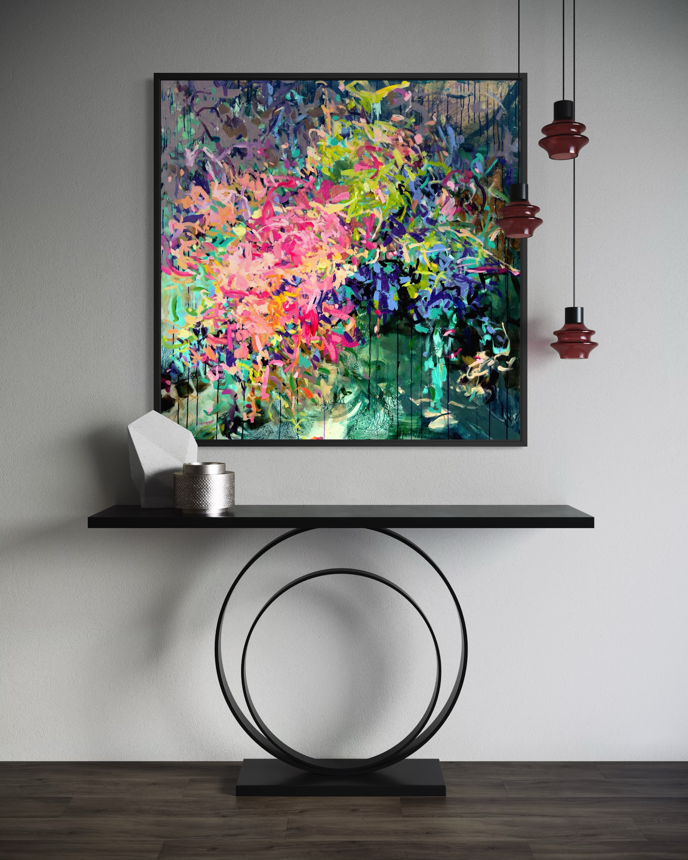 Contemporary floral painting with vibrant abstract botanical forms in bold expressive color by artist Julie Davis