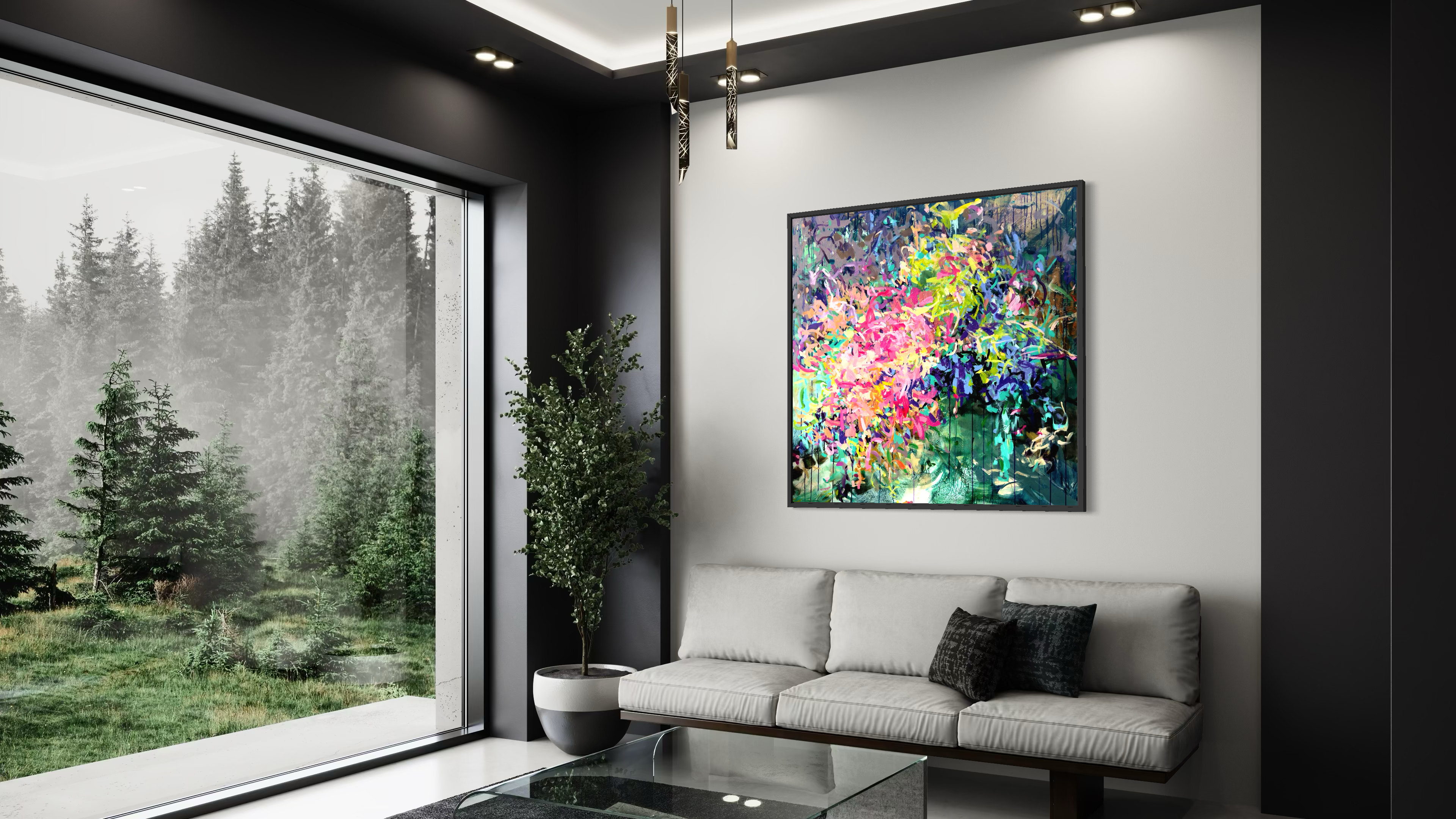 Modern colorful floral painting by Julie Davis designed as statement wall art for contemporary spaces