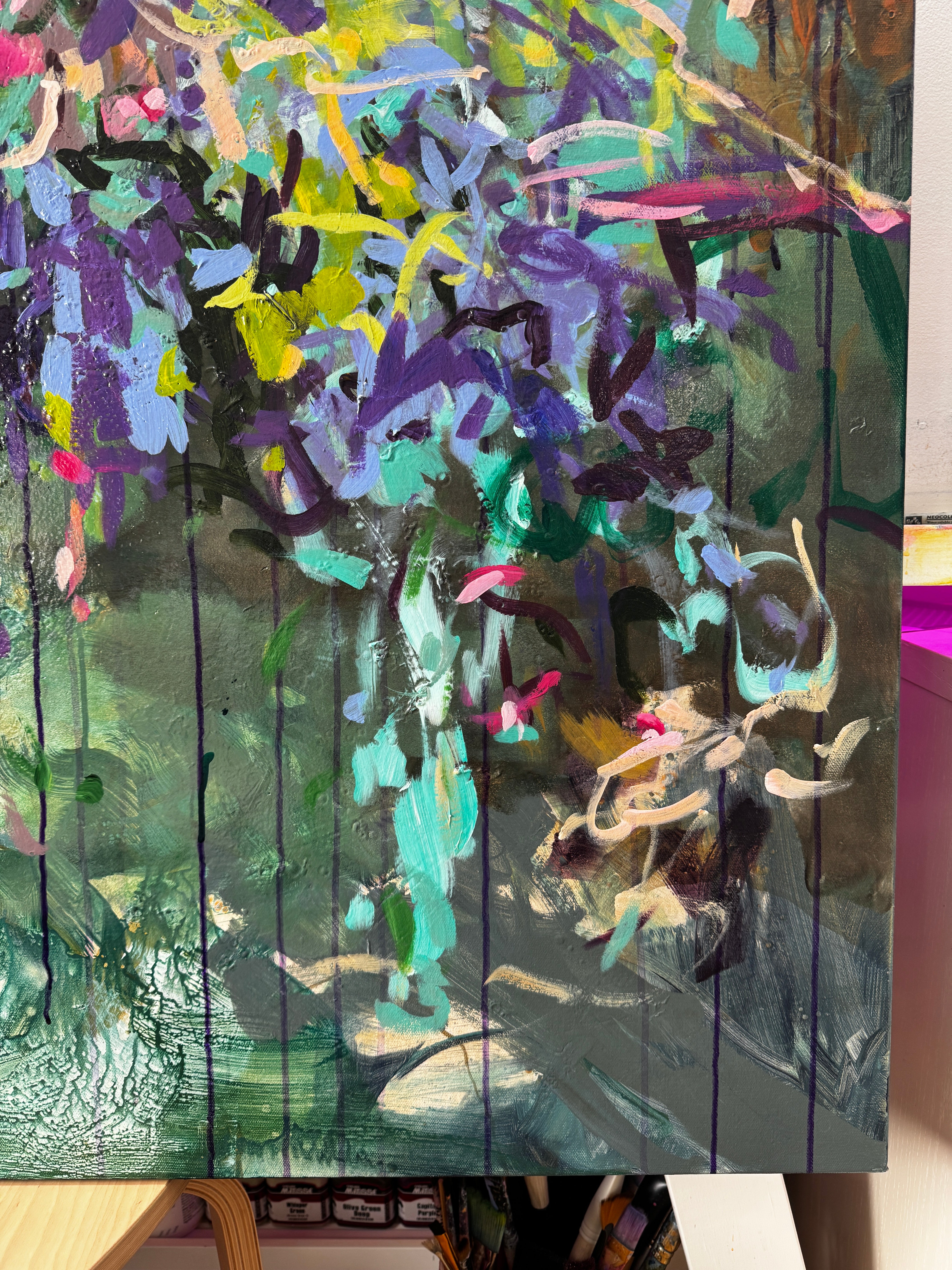 Vibrant contemporary floral artwork featuring bold botanical shapes and modern abstract color - close up
