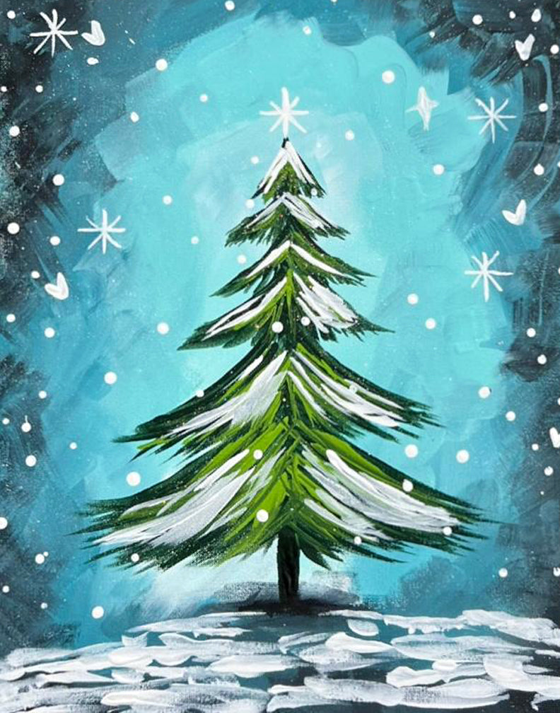 A decorated Christmas tree art kit, featuring a canvas with a painted tree and snowflakes, acrylic paint, and a palette.