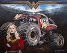 Portrait of Collete Davis and Wonder Woman Monster Truck original painting by Julie Davis