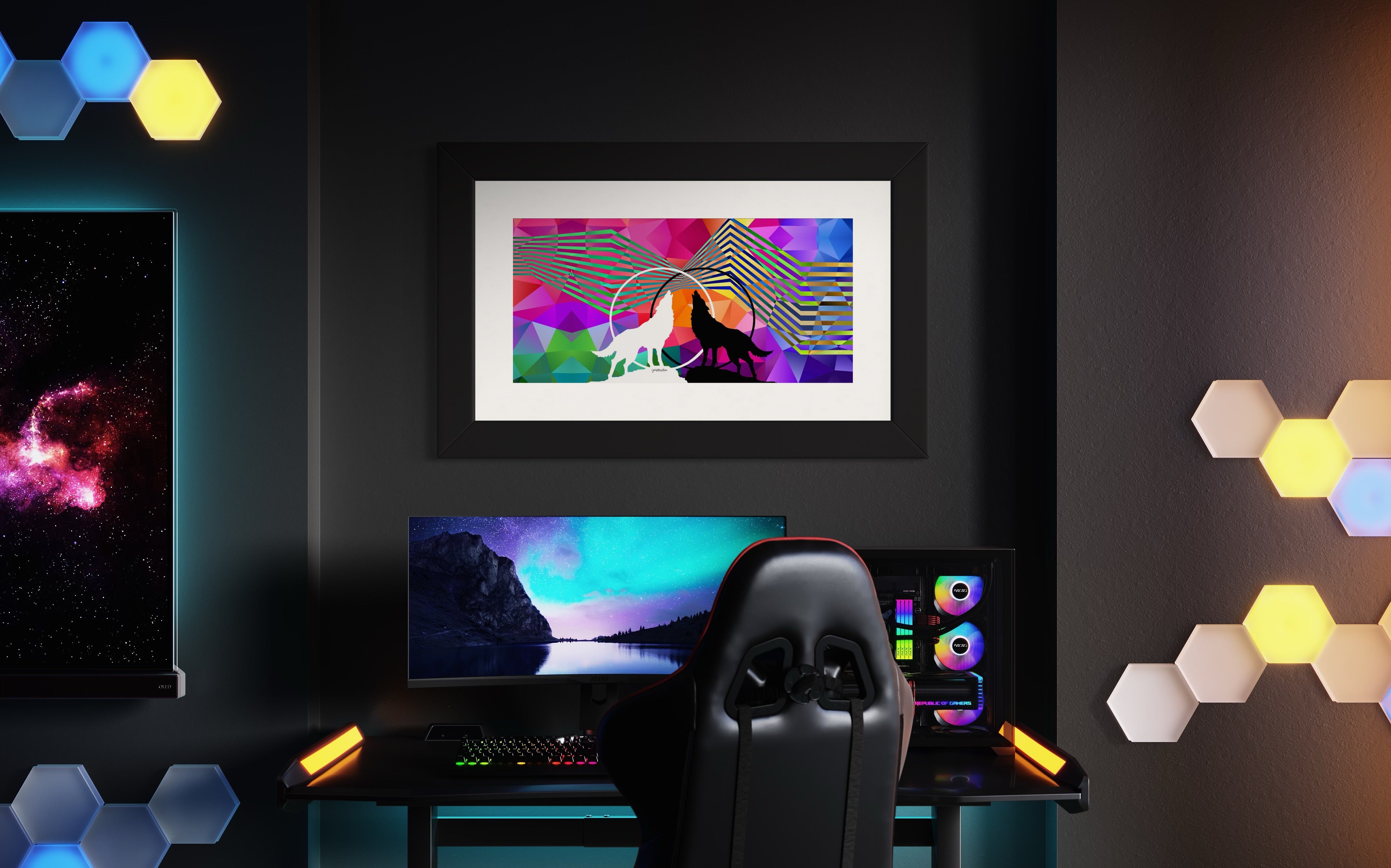 Front view of the Wolves Within fine art print hangs framed in black in game room