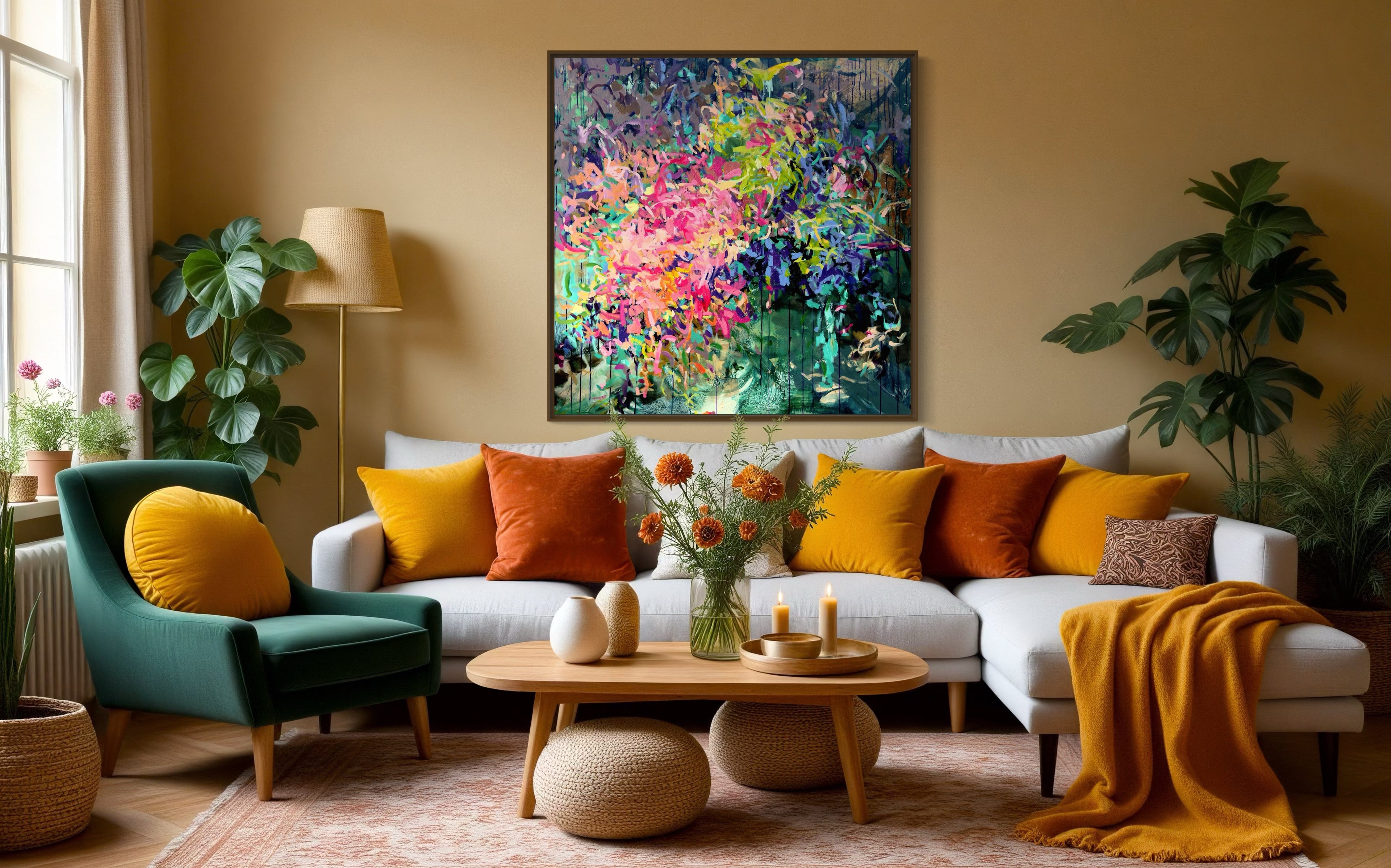Contemporary floral painting with vibrant abstract botanical forms in bold expressive color by artist Julie Davis