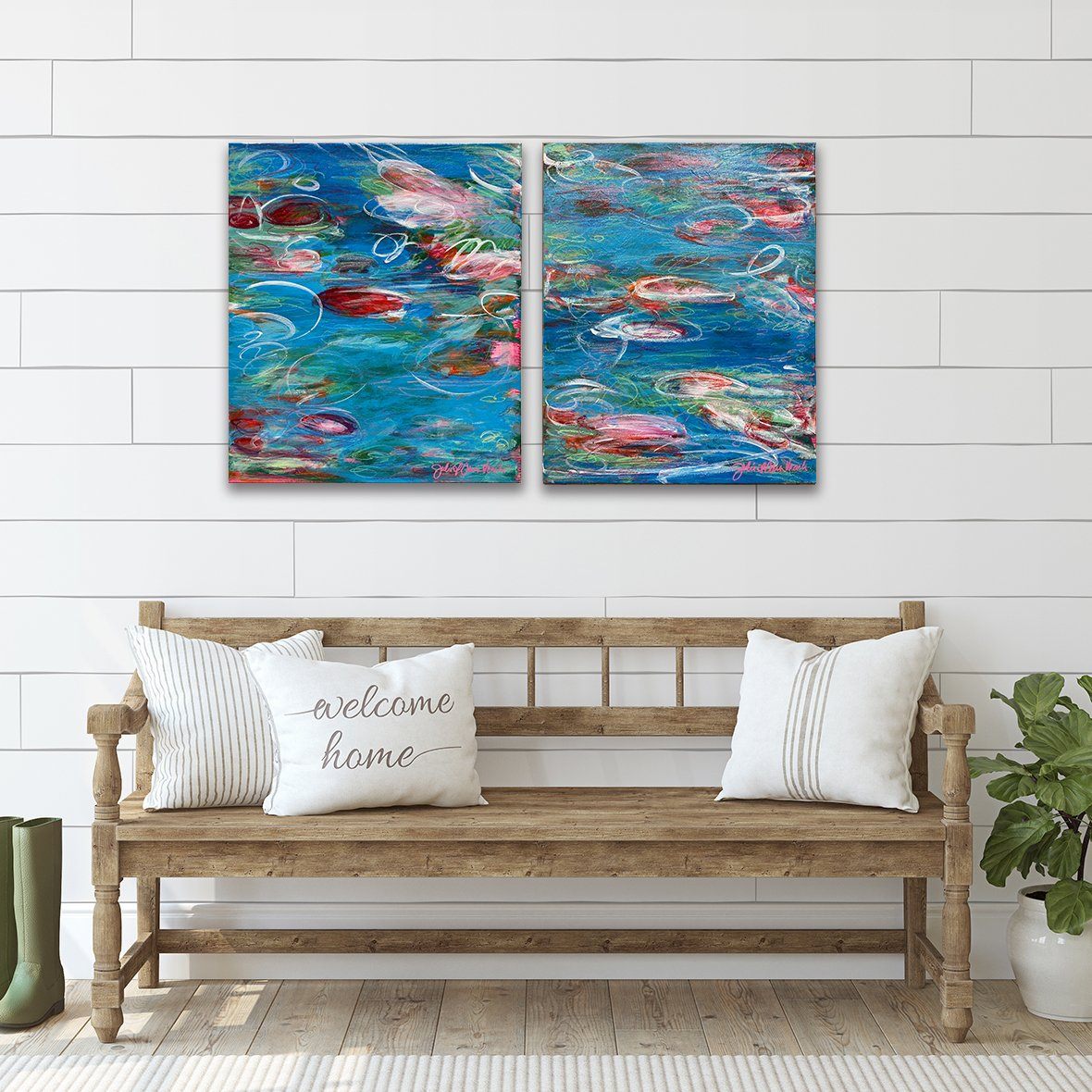 "Monet Monday" Dyptich Set 16x20" Originals on Canvas by artist Julie A. Davis Veach displayed together in a contemporary home