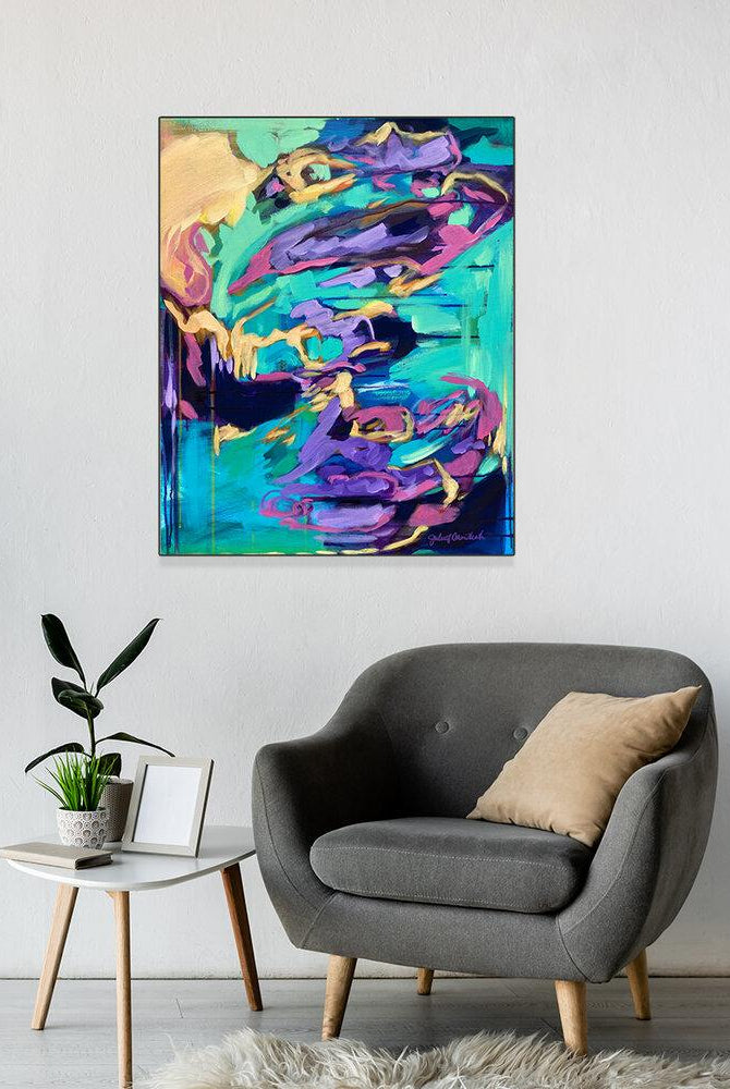 "Personal Power" 24x36" Original on Canvas by Julie Davis Veach displayed in contemporary interior with a chair and small table