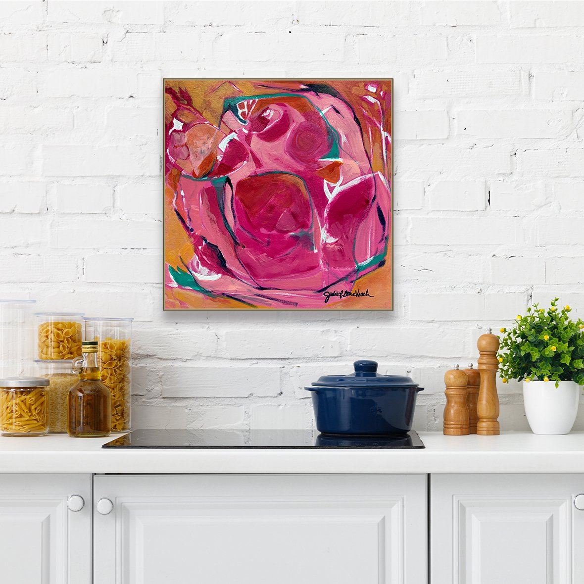 “Queen Bee"  24x24" original abstract acrylic painting on wood panel by Julie Davis Veach displayed hanging on a bright white wall in a contemporary kitchen.