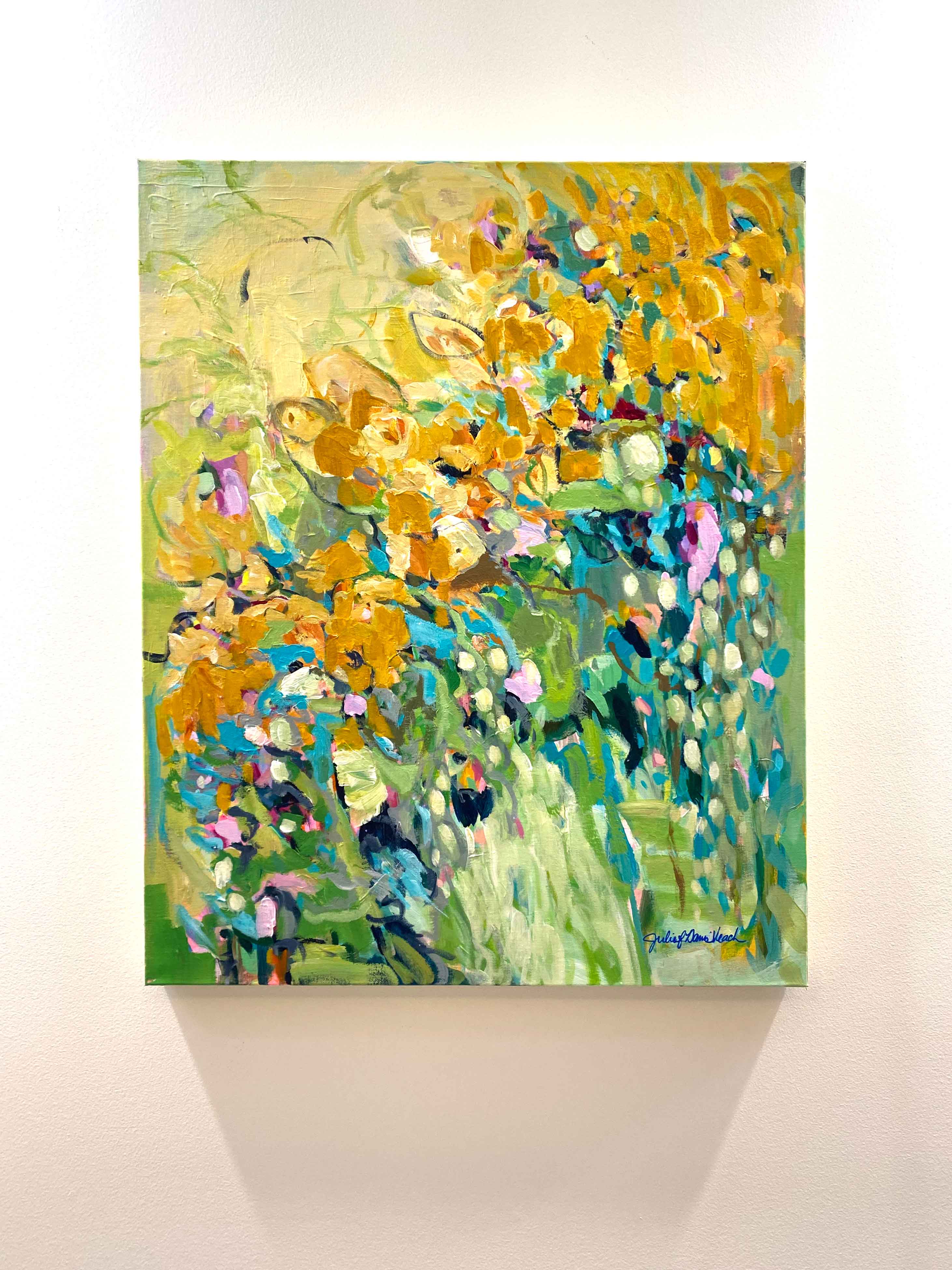 "Golden" original painting on canvas by Julie Davis hangs on gallery wall.