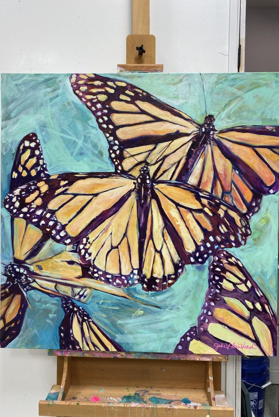 “Transformation Taking Flight” Original 36x36" on Large Canvas by Julie Davis Veach pictured on an easle in her studio