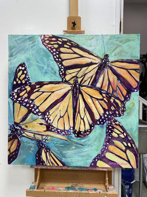 “Transformation Taking Flight” Original 36x36" on Large Canvas by Julie Davis Veach pictured on an easle in her studio