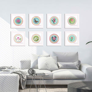 "Calla Lily Blessing" The Little Blessings Project Fine Art Prints by artist Julie Davis Veach displayed as a set of 8 in a bright contemporary living room