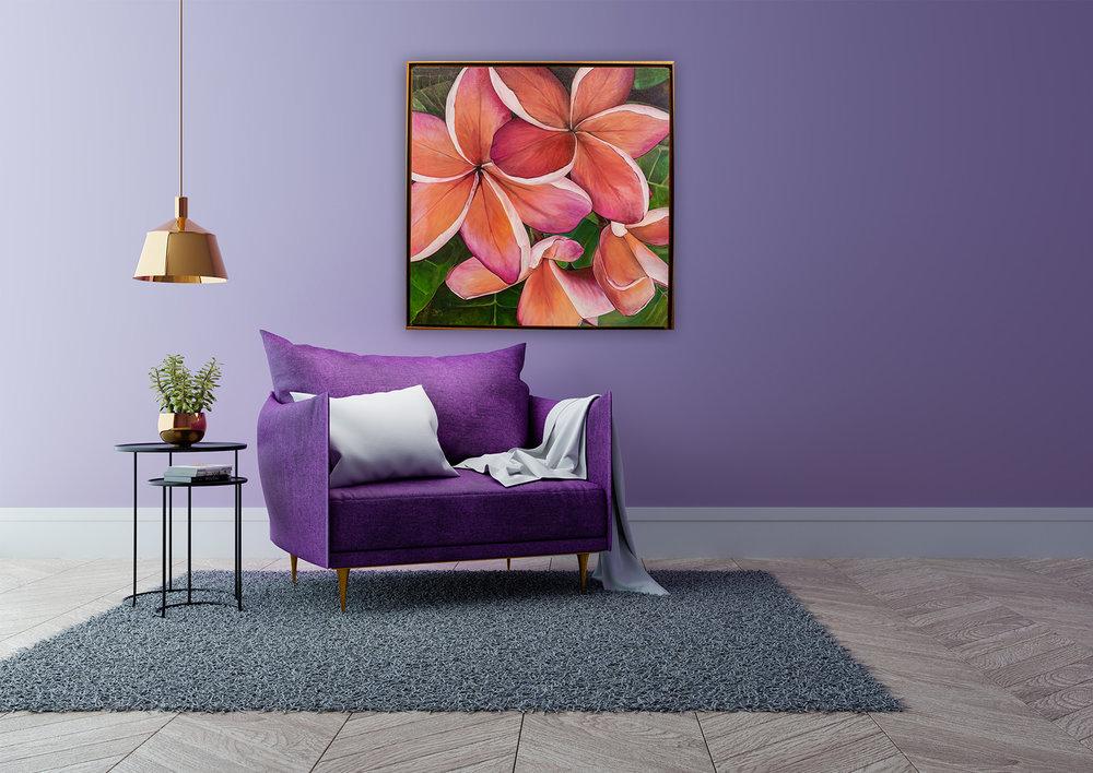 "Plumeria Love" 36x36" Original on Canvas by artist Julie Davis Veach displayed in a vivid contemporary interior 