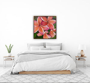 "Plumeria Love" 36x36" Original on Canvas by artist Julie Davis Veach in bright white bedroom