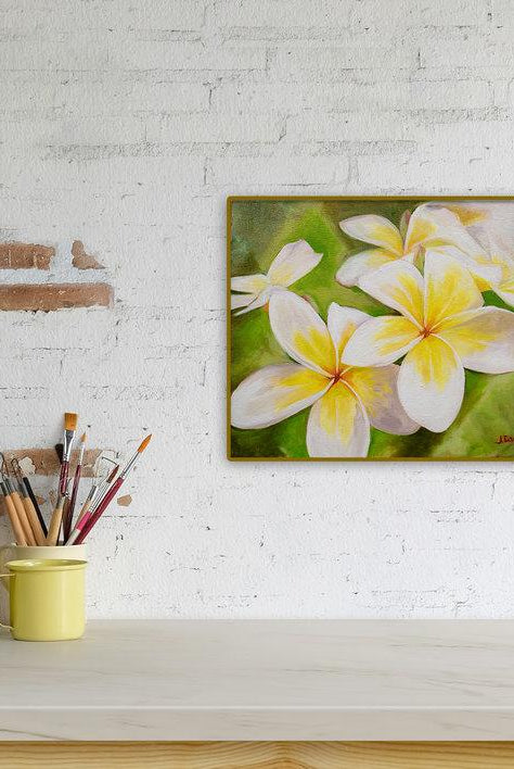 "Plumeria Morning" 11x14" Original on Canvas by Julie Davis Veach diaplayed on contemporay counter top