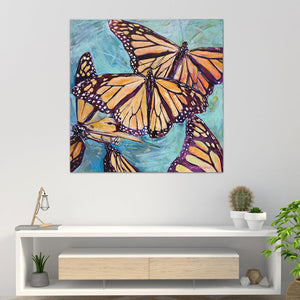 “Transformation Taking Flight” Original 36x36" on Large Canvas by Julie Davis Veach displayed in a bright modern interior